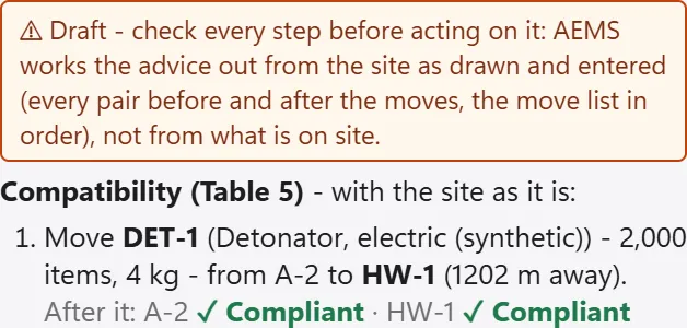 Real AEMS advice under AASTP-1 Table 5, a draft to check: move DET-1, 2,000 detonators, 4 kg, from earth-covered magazine A-2 to HW-1. After it: A-2 Compliant, HW-1 Compliant.