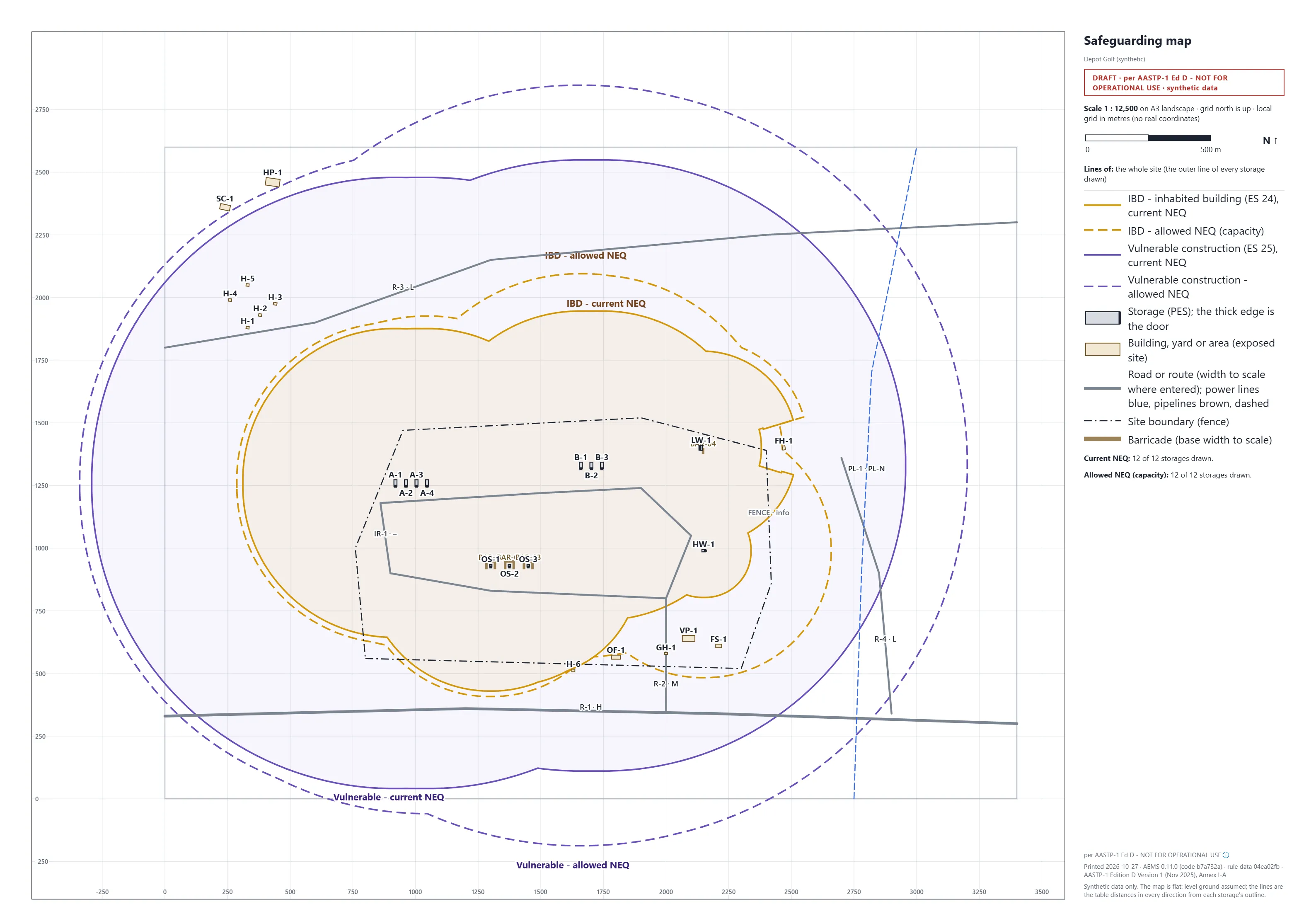 Real AEMS printed output, marked DRAFT: Safeguarding map for synthetic Depot Golf (first sheet).