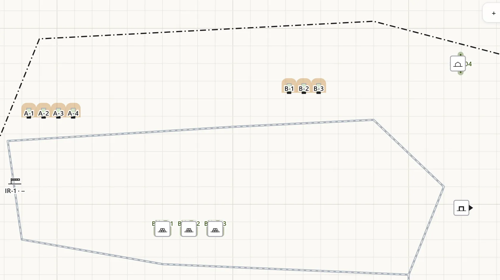 Real AEMS plan of synthetic Depot Golf: the two rows of earth-covered magazines, the three open stacks with their barricades, the storehouse LW-1 and the internal road - the same depot as the 3D view, drawn to scale. Per AASTP-1 Ed D - not for operational use.