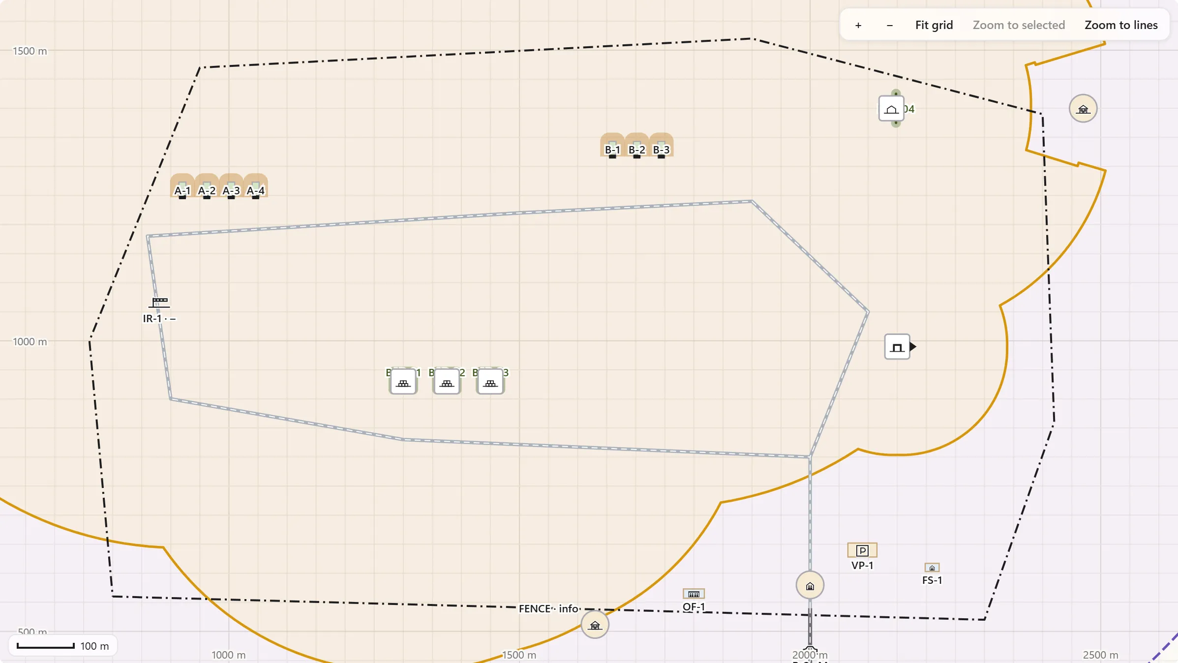 Real AEMS map of Depot Golf with the safeguarding layer on: the inhabited-building line round the depot.