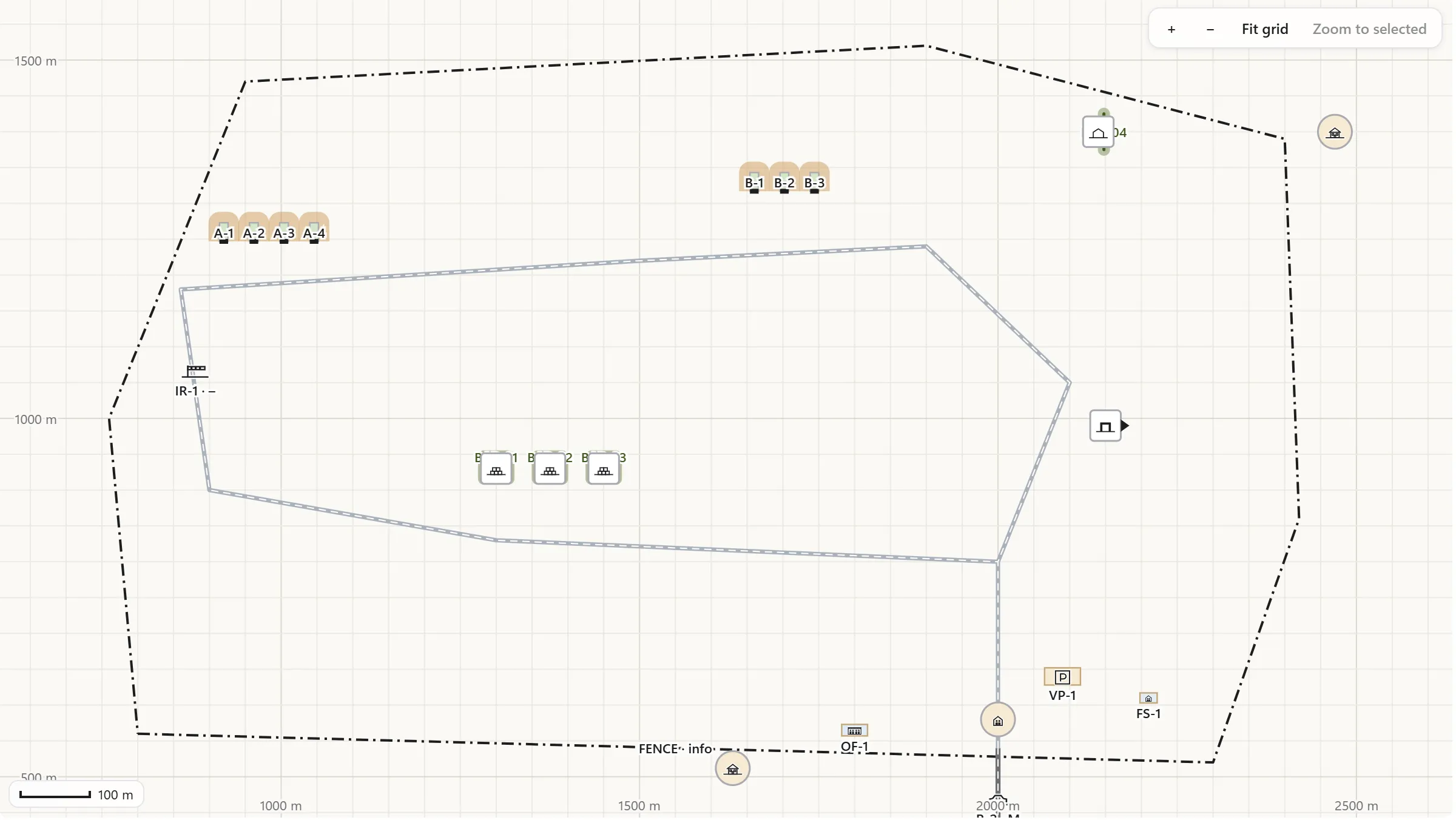 Real AEMS plan of synthetic Depot Golf: two rows of earth-covered magazines, three open stacks, a storehouse, the internal road and the fence, on a metric grid.