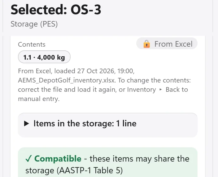 AEMS panel for the open stack OS-3: its contents from the Excel inventory, and a green tick saying the items may share the storage under AASTP-1 Table 5.