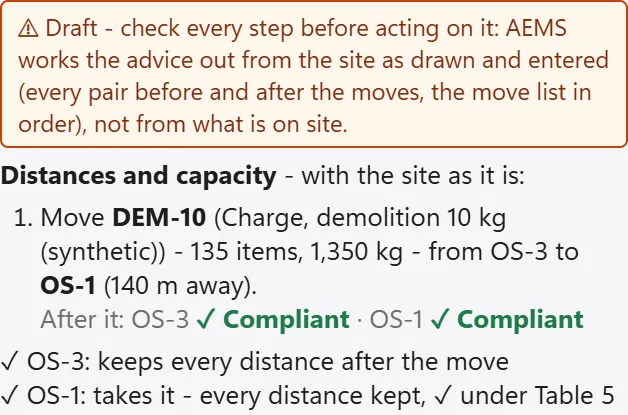 AEMS advice card: a draft that moves one synthetic item from OS-3 to OS-1, after which both storages are compliant.