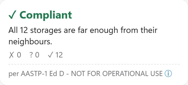 AEMS verdict card for the depot after the fix: compliant, all storages far enough from their neighbours.