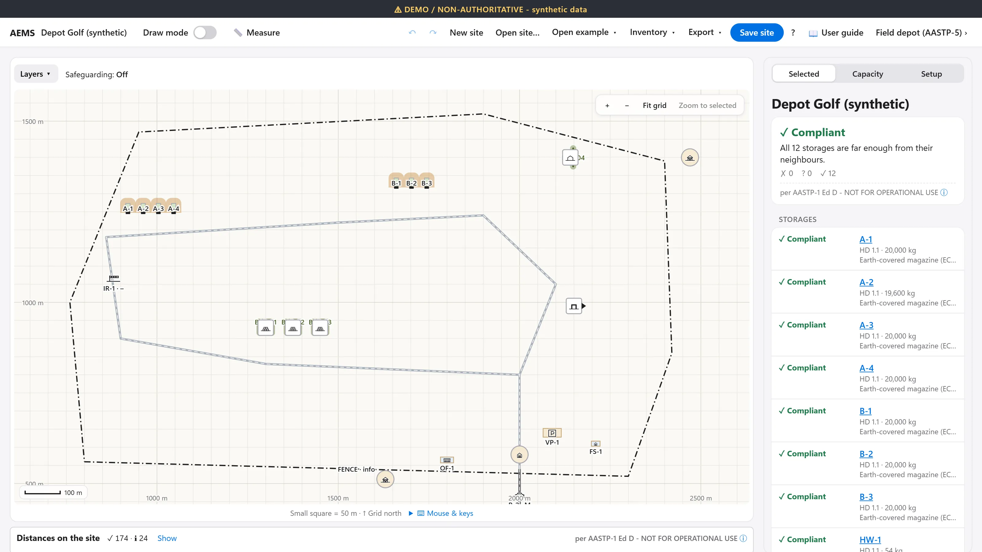 Real AEMS screen of the synthetic Depot Golf after the fixes: the depot on its plan, and the panel with the site verdict Compliant - all 12 storages far enough from their neighbours - and every storage listed as Compliant.