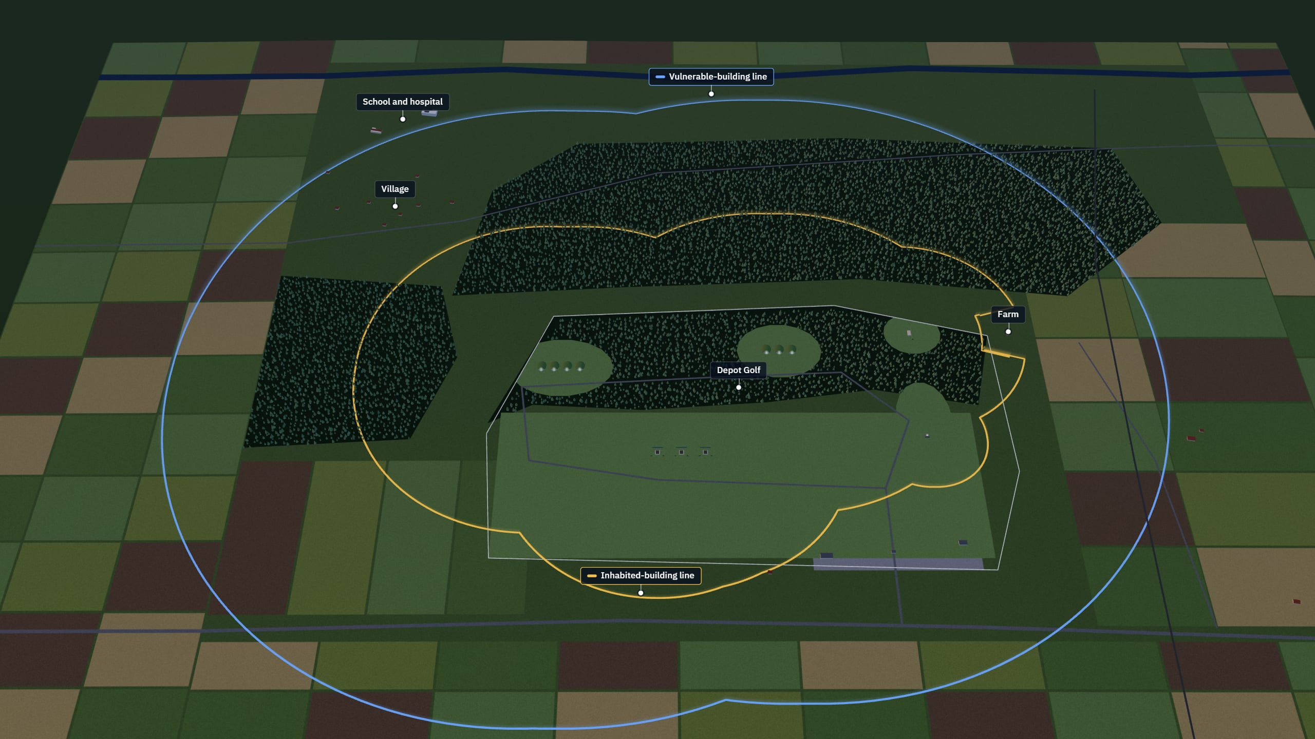 3D illustration: synthetic Depot Golf from high above, with the amber inhabited-building line and the blue vulnerable-building line AEMS draws round it; the village, the school and hospital and a farm lie outside.