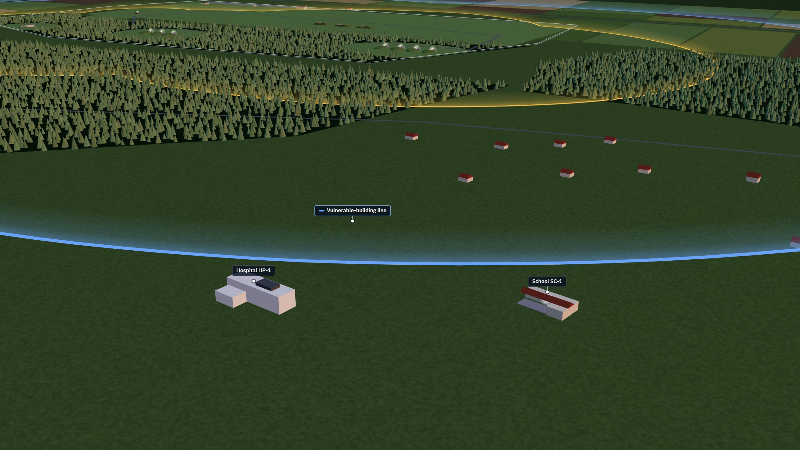 3D illustration: the school SC-1 and the hospital HP-1 in the foreground, the blue vulnerable-building line just beyond them and the depot in the distance.
